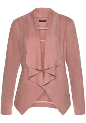 Stofroze blazer met een zachte, suède-achtige textuur, voorzien van een open voorkant en een gelaagd kraagontwerp. Lange mouwen en schuine zoomdetails.