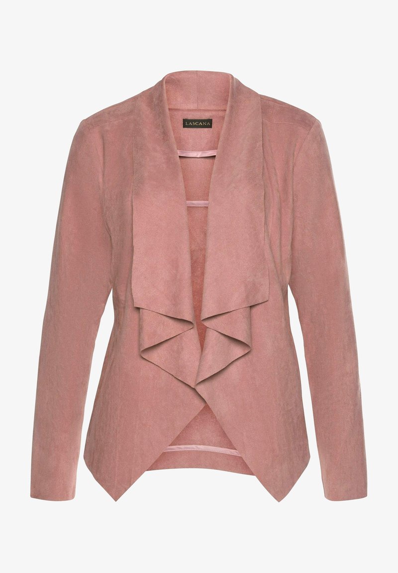 Veste rose poussière avec une texture douce rappelant le daim, dotée d'une ouverture à l'avant et d'un col superposé. Manches longues et détails d'ourlet angulé.