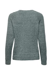 Pilkas megztinis, turintis apvalų kaklą, ilgus rankovus ir tekstūruotą audinį. Nugarinė dalis vientisa, be jokių papildomų raštų ar puošmenų.