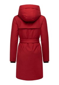 Red padded coat with a hood, belted waist, and long sleeves. The back features a horizontal seam design for added detail.