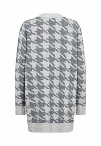 Cardigan a maglia grigio e bianco con motivo a scacchi, caratterizzato da una vestibilità ampia, polsini a costine e una texture morbida. Vista posteriore mostrata.