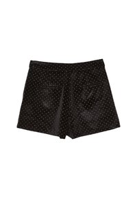Pantaloni corti di velluto nero con piccoli pois dorati, dotati di due tasche posteriori a filetto e una vita aderente.