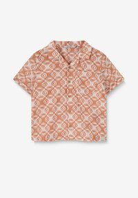 Korte mouw shirt in perzikkleurige stof met een herhalend patroon van handen en zonnen, voorzien van een notch-kraag en een borstzak, afgewerkt met knopen.