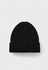 Black ribbed knit beanie hat with folded cuff, displayed on a white background.