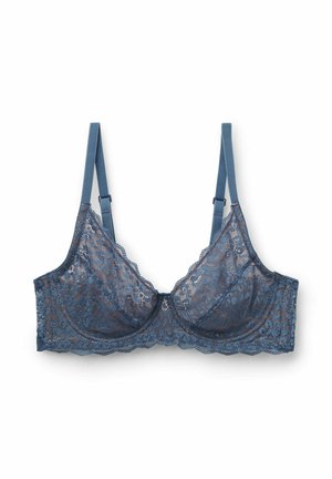 Blaue Spitzen-BH mit gewellten Kanten, Unterwäsche-Cups, verstellbaren Schulterträgern und floralem Muster, das sich über den Stoff zieht.
