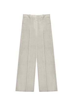 Lichtgrijze wijde broek met een gestructureerde afwerking, voorzien van voorkantplooien, een aansluitende tailleband en zijzakken.