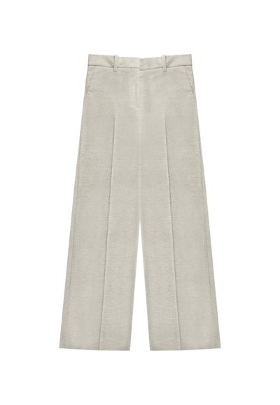 Lichtgrijze wijde broek met een gestructureerde afwerking, voorzien van voorkantplooien, een aansluitende tailleband en zijzakken.