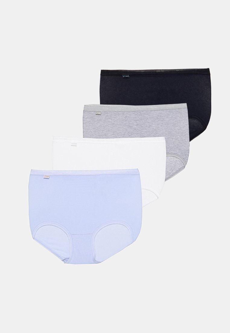 Vierer-Pack Baumwollslips in Hellblau, Weiß, Grau und Dunkelblau. Sie verfügen über elastische Taillenbänder und eine glatte Textur.