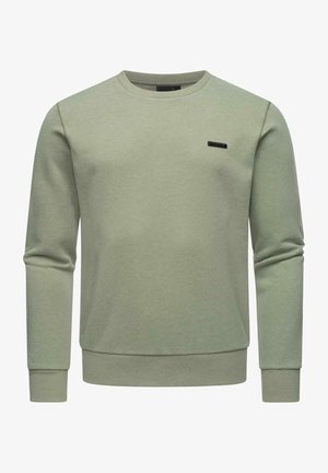 Sudadera de cuello redondo en verde claro, fabricada con una mezcla de algodón. Presenta mangas largas, puños de canalé y un pequeño acento de logotipo negro.