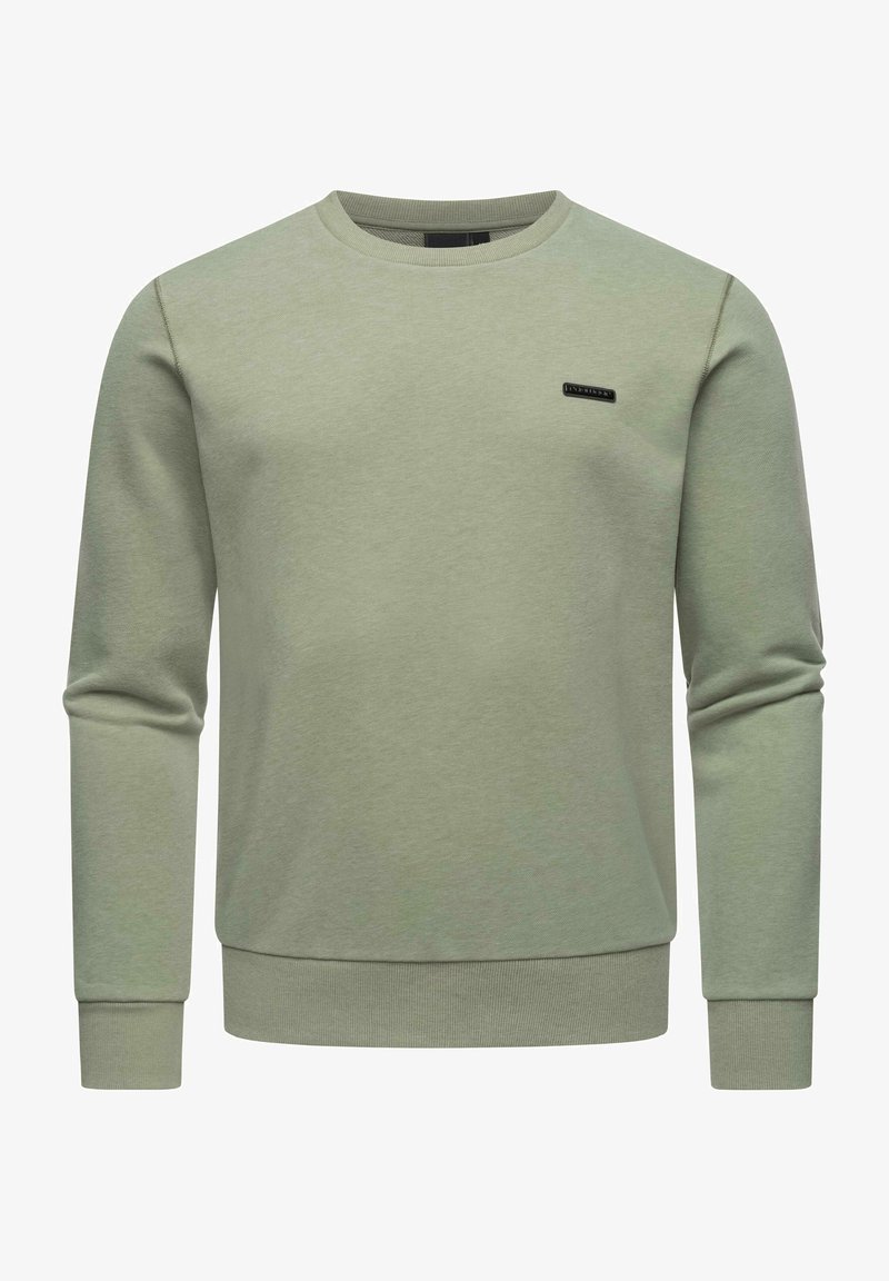 Felpa leggera verde chiaro con collo rotondo realizzata in un tessuto misto cotone. Presenta maniche lunghe, polsini a costine e un piccolo logo nero accentato.