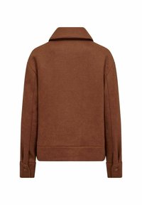 Veste en mélange de laine marron avec un col, des manches longues et des poignets boutonnés. Elle présente un design minimaliste et une silhouette légèrement raccourcie.