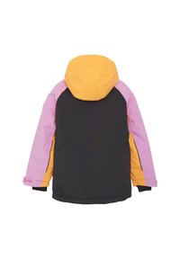 Färgglad vinterjacka med en gul huva, rosa och lila ärmar och en mörk kropp. Tillverkad av isolerat, vattenavvisande material.