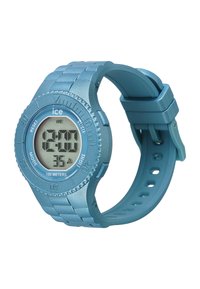 Reloj digital con correa de plástico de color azul claro y caja redonda. Presenta una pantalla digital que indica la hora, el modo y una resistencia al agua de 100 metros.