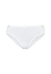 Slip in cotone bianco con dettagli in pizzo ai lati, caratterizzati da una texture liscia e un fiocchetto centrale davanti.