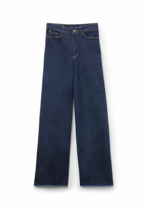 Jean large bleu foncé en denim, présentant un design classique à cinq poches et un ourlet brut aux chevilles.
