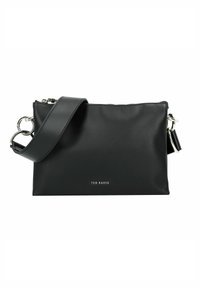 Borsa a tracolla in ecopelle nera con chiusura a zip, tracolla regolabile, hardware color argento e logo in rilievo sulla parte anteriore. Texture liscia.