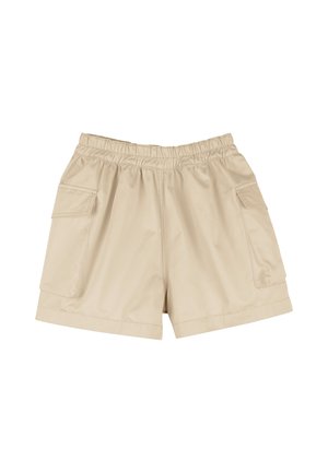 Shorts cargo beige avec taille élastique et grandes poches latérales, conçus pour un usage décontracté.
