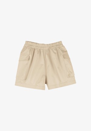 Beige cargobroekshorts met een elastische tailleband en grote zijzakken, ontworpen voor casual draagcomfort.