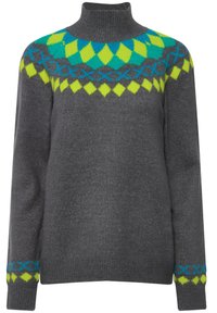 Grauer Pullover mit hohem Kragen, der ein lebhaftes geometrisches Muster in Blau, Grün und Gelb über den Schultern und Ärmeln aufweist.