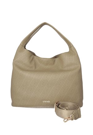 Borsa beige in stile hobo con motivo geometrico in rilievo e tracolla abbinata staccabile, marchiata "LIU JO" con piccole lettere dorate.