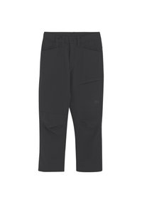 Svarta knälånga byxor i elastiskt tyg, med två framfickor och en sidoficka för verktyg, med platta sömmar och en slät yta.