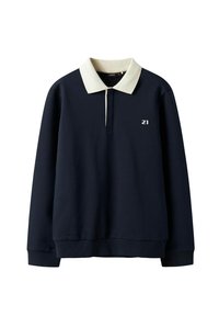 Polo a maniche lunghe blu navy con colletto bianco a contrasto, dotato di una patta frontale e del numero "21" ricamato sul lato sinistro del petto.