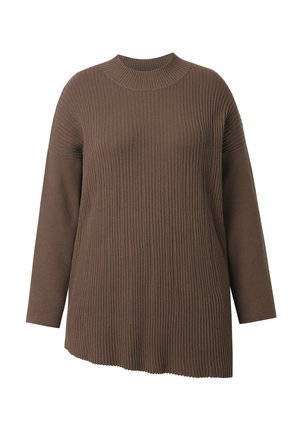 Brązowy sweter prążkowany z wysokim dekoltem, długimi rękawami i asymetrycznym dołem. Wykonany z miękkiego dzianiny z detalami teksturalnymi.