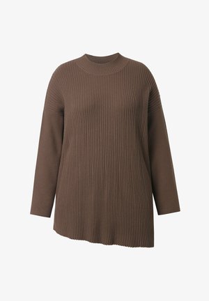 Brązowy sweter prążkowany z wysokim dekoltem, długimi rękawami i asymetrycznym dołem. Wykonany z miękkiego dzianiny z detalami teksturalnymi.