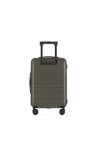 Hartschalen-Handgepäckkoffer in Olivgrün, mit gerippter Textur, ausziehbarem schwarzen Griff und vier Rollen für einfache Mobilität.