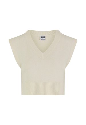 V-neck, sleeveless cropped sweater in off-white, featuring ribbed texture at the hem and a smooth knit surface. Label visible inside.