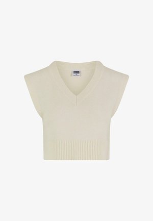 V-ringad, ärmlös kort tröja i off-white, med ribbad textur vid fållen och en slät stickad yta. Märket syns invändigt.