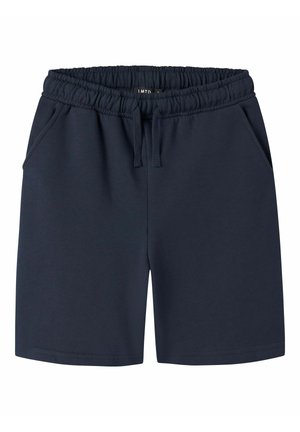 Pantaloncini a vita elastica blu navy con coulisse, tasche laterali e orlo dritto, progettati per un uso casual.