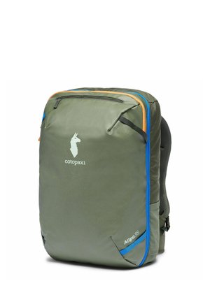 Green Cotopaxi Allpa 35L backpack with blue and orange zippers, padded straps, and a front zippered pocket.