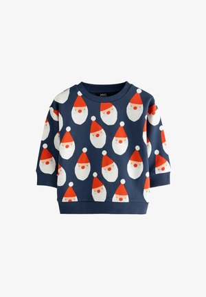 Marineblå børnesweater med gentaget mønster af hvide julemandsansigter med røde huer og røde næser.