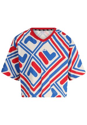 Maglietta corta con un motivo geometrico rosso, blu e bianco, dotata di scollatura a V e maniche corte. Realizzata in tessuto morbido, con logo sul davanti.