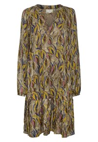 Langærmet kjole i mønstret stof med gule, blå og lyserøde bladdesigns på en beige baggrund og en lagdelt nederdel.