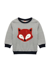 Sudadera a rayas gris de tela suave, que presenta una cara de zorro rojo bordada y texturizada en la parte frontal. Puños y cuello acanalados en azul marino.