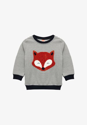 Stribet grå sweatshirt i blødt stof, med et tekstureret, broderet rødfoks ansigt på forsiden. Ribbet marineblå manchetter og halsudskæring.