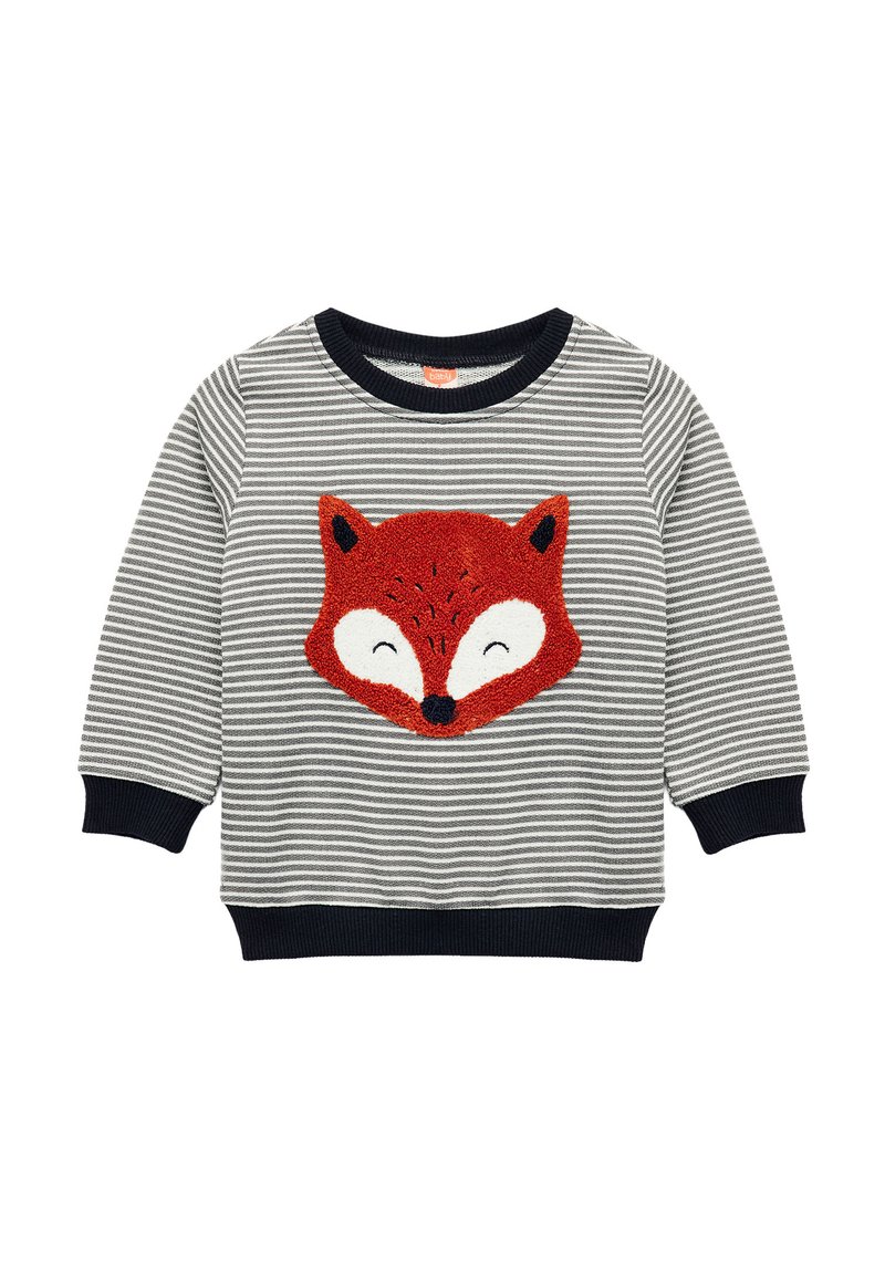 Felpa grigia a righe in tessuto morbido, con un volto di volpe rossa ricamato e testurizzato sul davanti. Maniche e colletto a coste di colore blu navy.