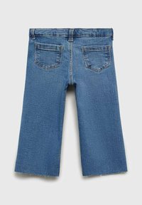 Modre denim culotte hlače z visokim pasom, petimi žepi, robom brez obdelave in šivanjem na pasu ter žepih.