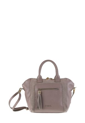 Sac à main en cuir taupe avec poignées arrondies, poche zippée à l'avant avec un pompon, bandoulière amovible et accents en métal doré.