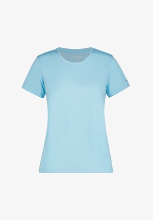 Helles blaues T-Shirt mit kurzen Ärmeln aus glattem, feuchtigkeitsableitendem Material; verfügt über einen klassischen Rundhalsausschnitt und ein dezentes Logo-Detail am Ärmel.