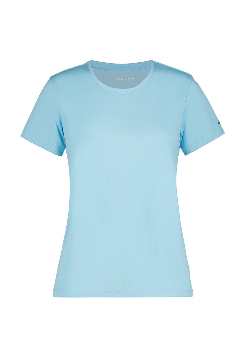 Ljusblå kortärmad t-shirt gjord av ett mjukt, fukttransporterande material; har en klassisk rund halsringning och en subtil logotypdekoration på ärmen.