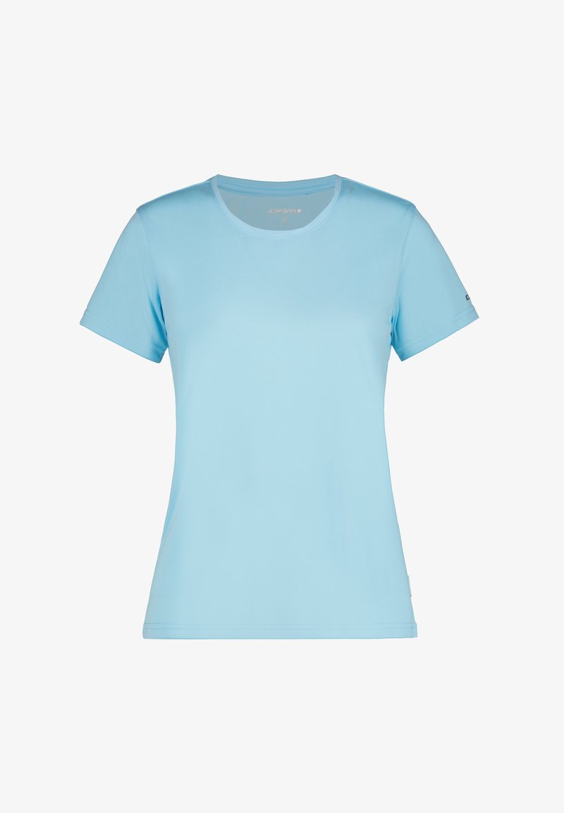 Vaaleansininen lyhythihainen t-paita, joka on valmistettu sileästä, kosteutta siirtävästä kankaasta; siinä on klassinen pyöreä kaula-aukko ja hienovarainen logotyyppinen yksityiskohta hihassa.