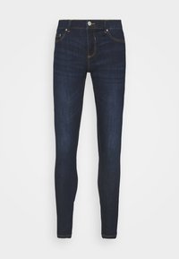 Dark blue slim-fit jeans with a button and zipper closure, front pockets, and subtle fading on thighs and knees.