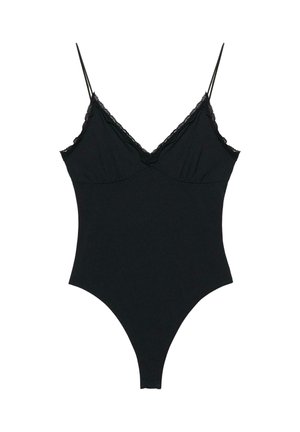 Svart bodysuit med tunna justerbara band, V-hals och spetsdetaljer vid bysten. Slät tyg, figurnära form och högskurna benöppningar.