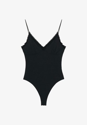 Sort bodysuit med tynde justerbare stropper, V-udskæring og blonder detaljer ved busterne. Glat stof, tætsiddende form og højt skårne benåbninger.