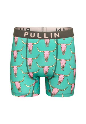Boxers turquoise avec un motif de crânes roses et des cornes jaunes, dotés d'une ceinture élastique grise avec "PULLIN" imprimé en noir.