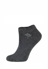 Ankle sock in dark gray knit, featuring a subtle geometric pattern in a lighter gray. Soft texture, ribbed cuff for snug fit.