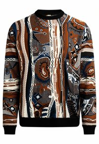 Strickpullover mit einem mehrfarbigen geometrischen Muster in Braun-, Blau- und weißen Farbtönen. Schwarzer gerippter Halsausschnitt und Bündchen. Strukturiertes Gewebe.